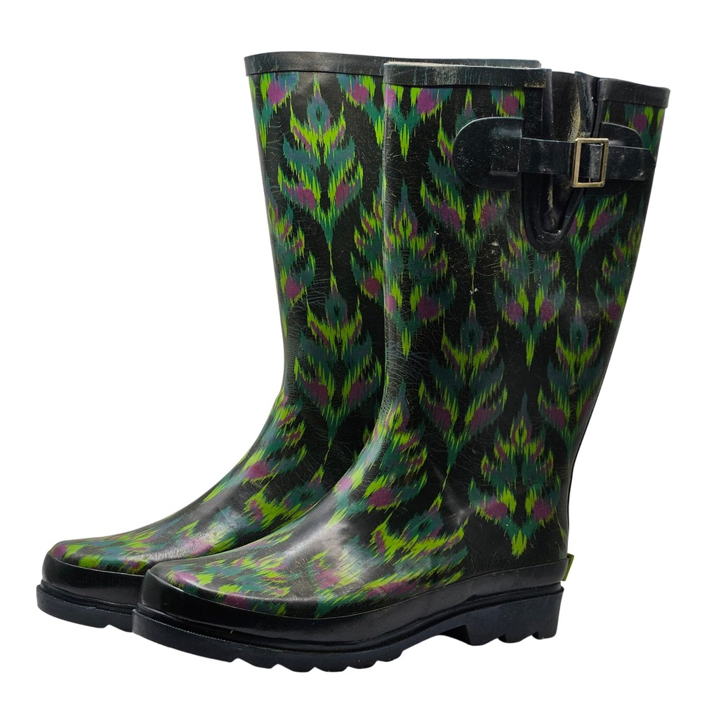 Western Chief Peacock patterned Green Rain Boots Women's Size 7 Tall Waterproof‎